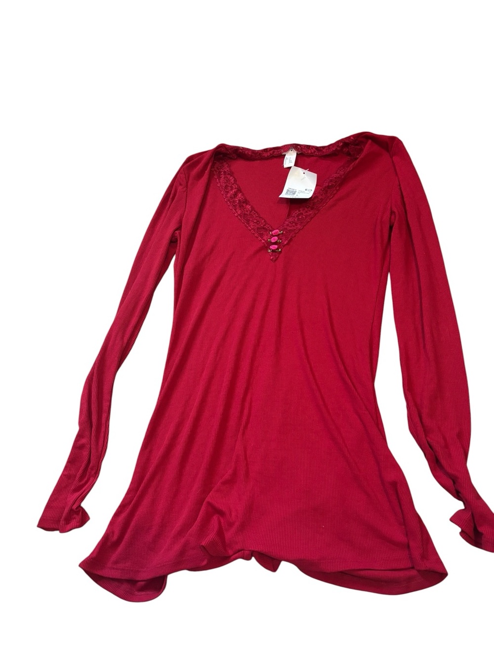 Forever 21 Women's Long-Sleeve V-Neck Lace Trim Top - Red